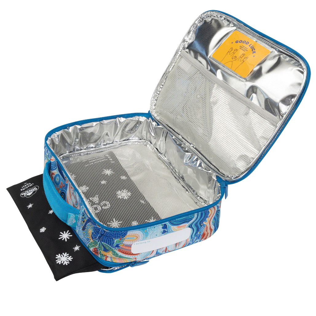 Spencil Wani-Wani Watina Big Cooler Lunch Bag unzipped to show the silver insulated lining, with the Big Chill Pack in its black snowflake cover at the base