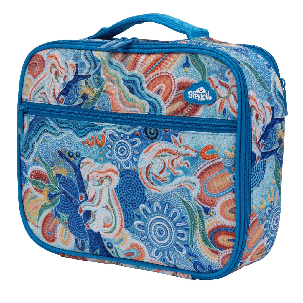 Angled view of the Spencil Wani-Wani Watina Big Cooler Lunch Bag with its padded sky blue handle and zipped front pocket