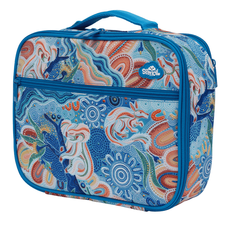 Angled view of the Spencil Wani-Wani Watina Big Cooler Lunch Bag with its padded sky blue handle and zipped front pocket