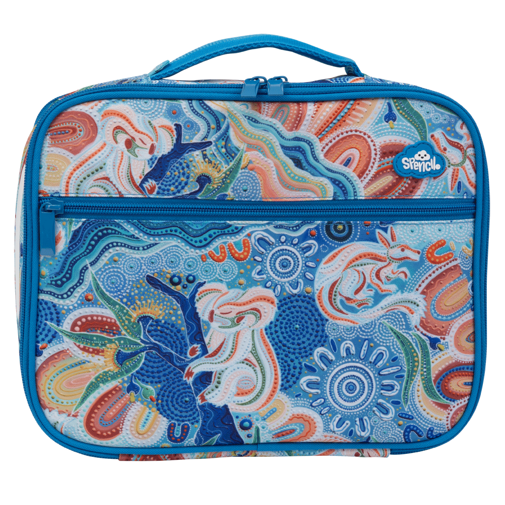 Front view of the Spencil Wani-Wani Watina Big Cooler Lunch Bag showing the zipped front pocket and the artwork in blues, coral, cream and orange, with sky blue trim and handle