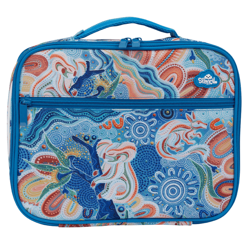 Front view of the Spencil Wani-Wani Watina Big Cooler Lunch Bag showing the zipped front pocket and the artwork in blues, coral, cream and orange, with sky blue trim and handle
