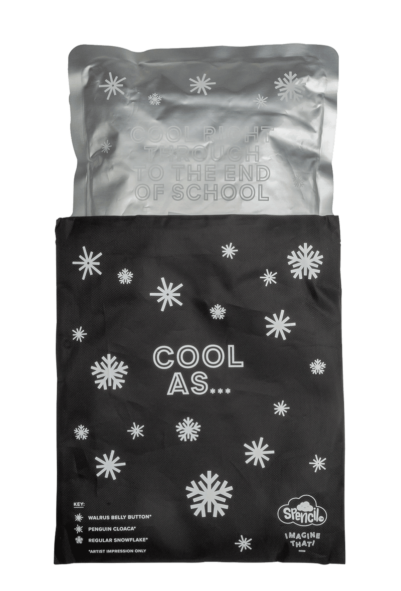Silver aluminium gel Big Chill Pack sliding out of its black snowflake cover, included with the Spencil Wani-Wani Watina Big Cooler Lunch Bag