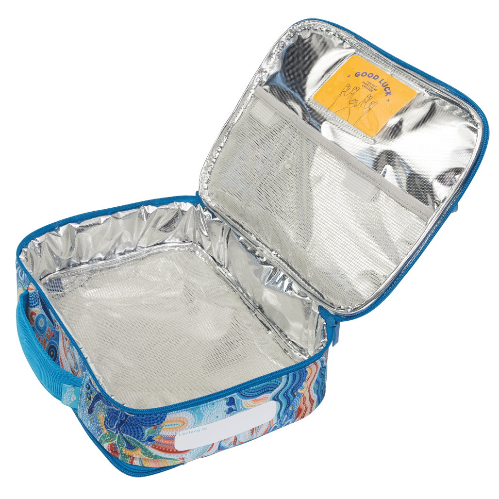 Spencil Wani-Wani Watina Big Cooler Lunch Bag opened flat to show the silver insulated lining and the mesh pocket inside the lid