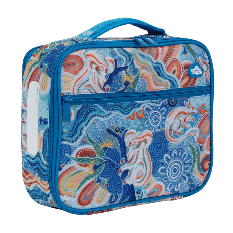 Angled side view of the Spencil Wani-Wani Watina Big Cooler Lunch Bag showing the clear name card pocket on the side panel