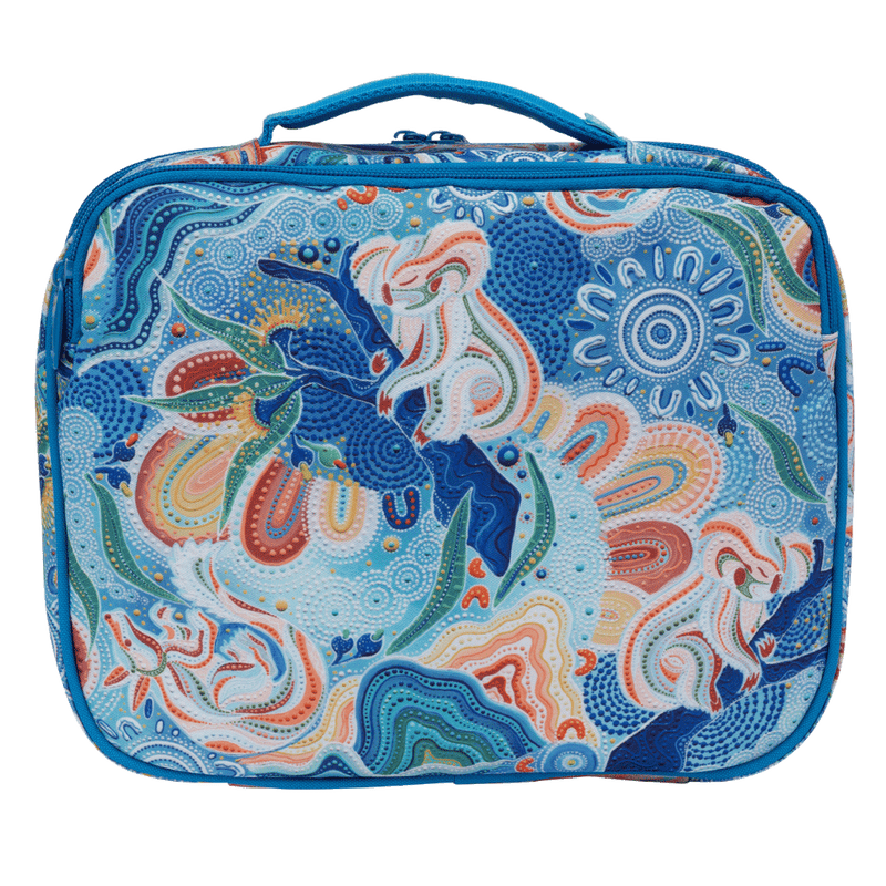 Back of the Spencil Wani-Wani Watina Big Cooler Lunch Bag showing the full blue and coral print on the rear panel