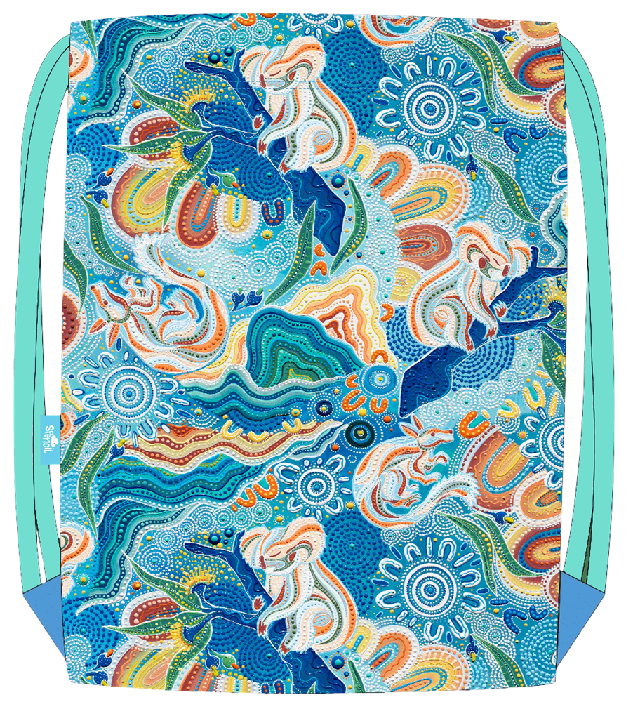 Spencil Wani-Wani Watina Drawstring Bag with artwork of blue swirls, dotted circles and orange accents