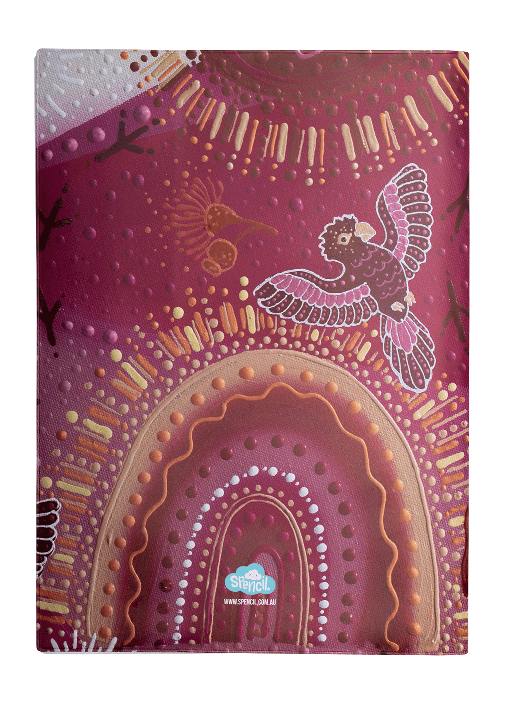 Spencil Yarrawala 2 Scrapbook Cover Pack of 6: back of cover on a book, berry artwork with a dotted rainbow arch and a kookaburra in flight, showing the Spencil logo