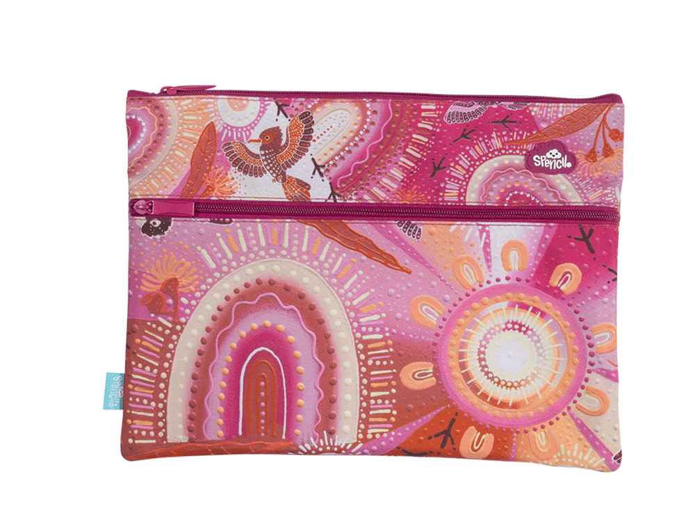 Front of the Spencil Yarrawala A4 twin zip pencil case showing rainbows and sun circles in dusty pink, orange and cream with small birds and tracks, with pink zips