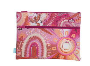 Front of the Spencil Yarrawala A4 twin zip pencil case showing rainbows and sun circles in dusty pink, orange and cream with small birds and tracks, with pink zips