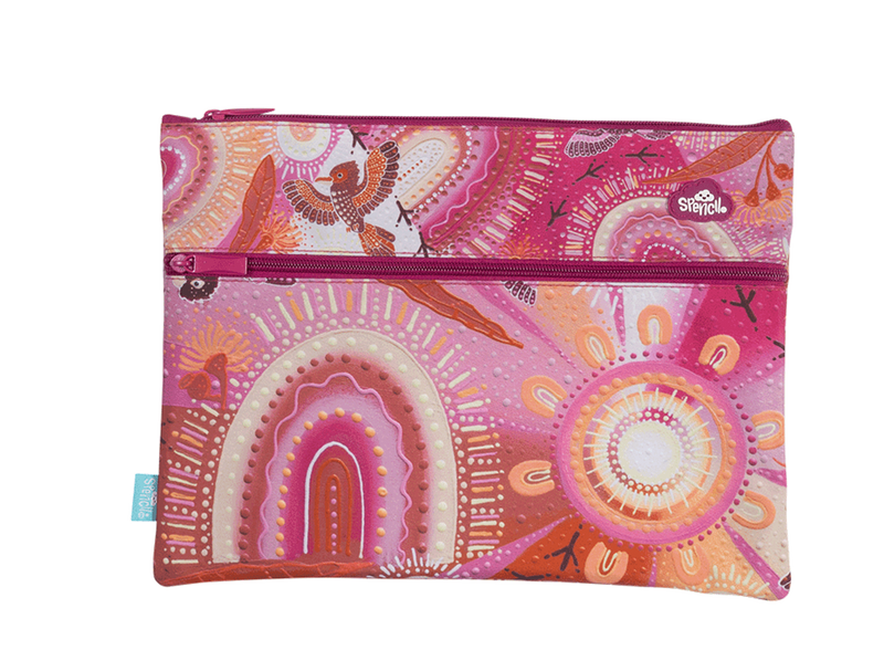 Front of the Spencil Yarrawala A4 twin zip pencil case showing rainbows and sun circles in dusty pink, orange and cream with small birds and tracks, with pink zips