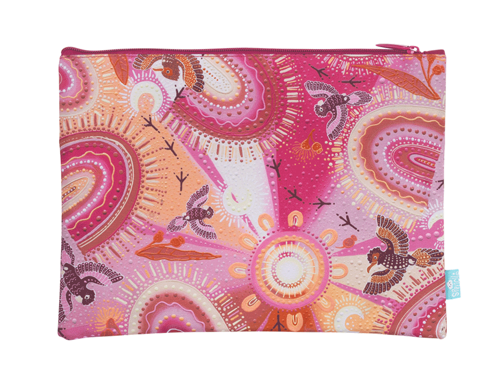 Back of the Spencil Yarrawala A4 twin zip pencil case showing dusty pink rainbows, sunbursts and small birds