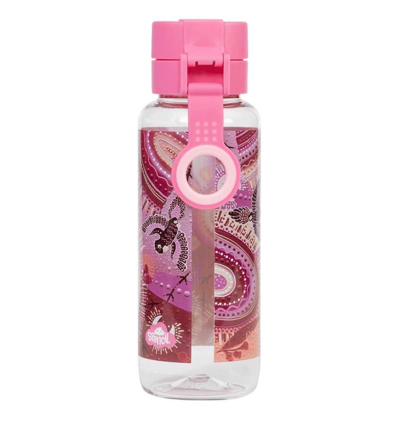 Spencil Yarrawala Big Water Bottle 650ml, back view showing the carry strap and finger ring, Yarrawala artwork in pinks, magenta and peach, pink lid