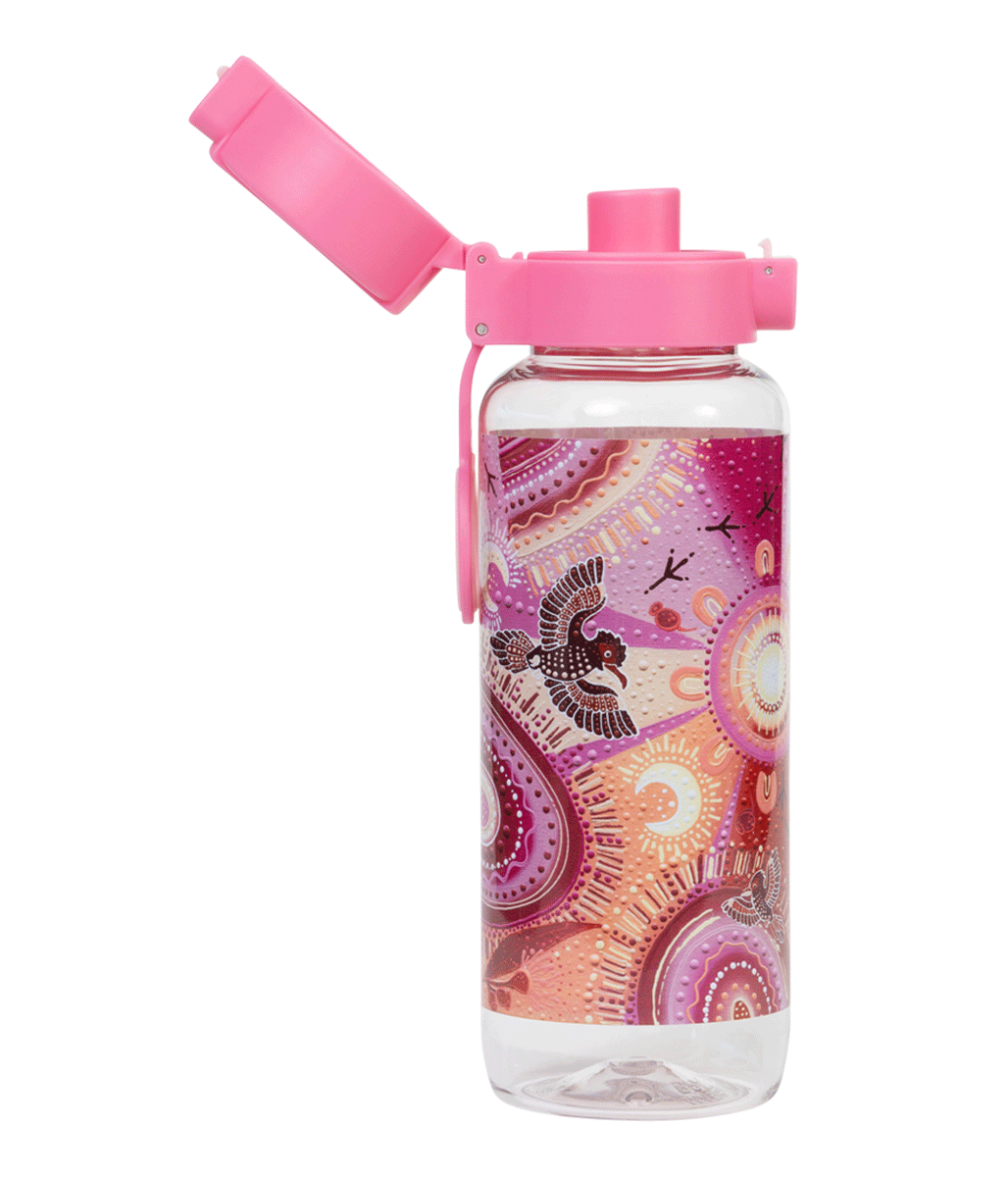 Spencil Yarrawala Big Water Bottle 650ml, side view with the flip lid open showing the drinking spout, Yarrawala artwork in pinks, magenta and peach, pink lid