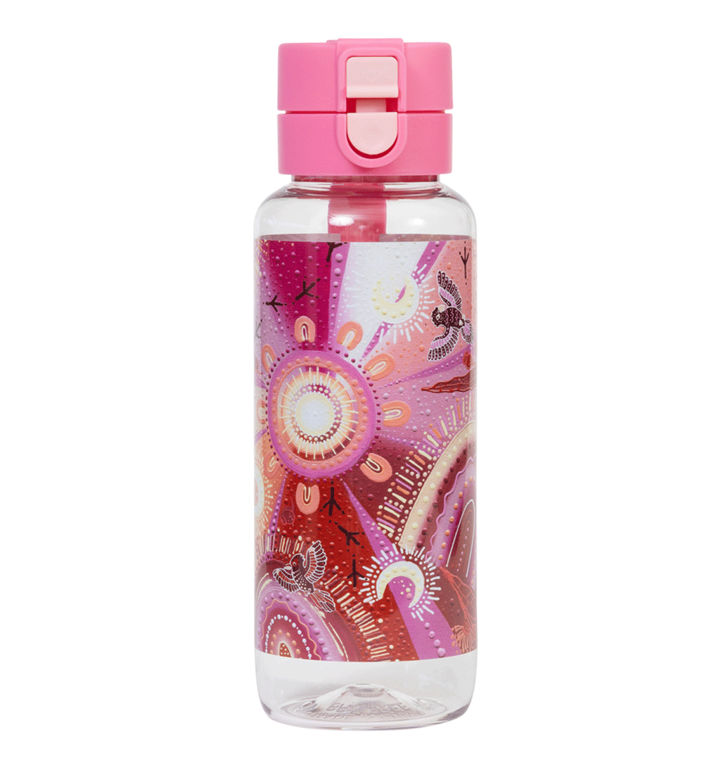Spencil Yarrawala Big Water Bottle 650ml, front view with the lid closed, Yarrawala artwork in pinks, magenta and peach, pink lid