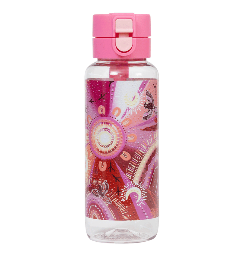 Spencil Yarrawala Big Water Bottle 650ml, front view with the lid closed, Yarrawala artwork in pinks, magenta and peach, pink lid