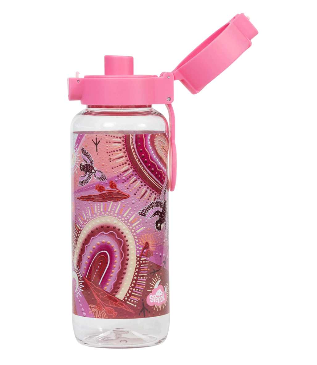 Spencil Yarrawala Big Water Bottle 650ml, side view with the flip lid open showing the drinking spout, Yarrawala artwork in pinks, magenta and peach, pink lid, alternate shot