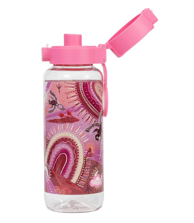 Spencil Yarrawala Big Water Bottle 650ml, side view with the flip lid open showing the drinking spout, Yarrawala artwork in pinks, magenta and peach, pink lid, alternate shot