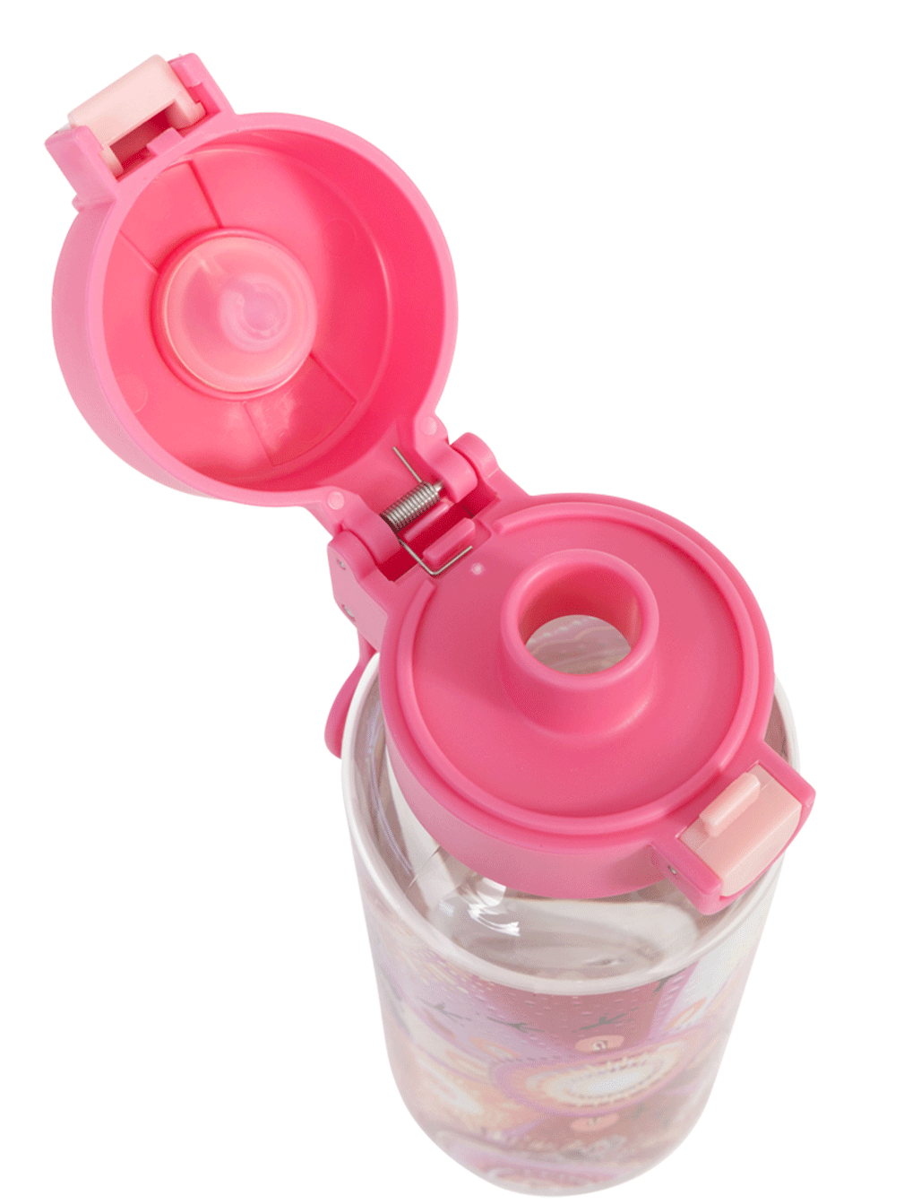 Spencil Yarrawala Big Water Bottle 650ml, close-up from above with the lid open showing the spout and seal, Yarrawala artwork in pinks, magenta and peach, pink lid