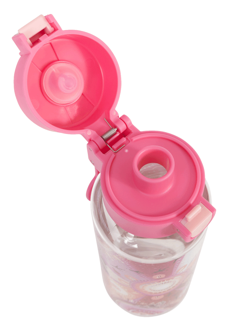 Spencil Yarrawala Big Water Bottle 650ml, close-up from above with the lid open showing the spout and seal, Yarrawala artwork in pinks, magenta and peach, pink lid