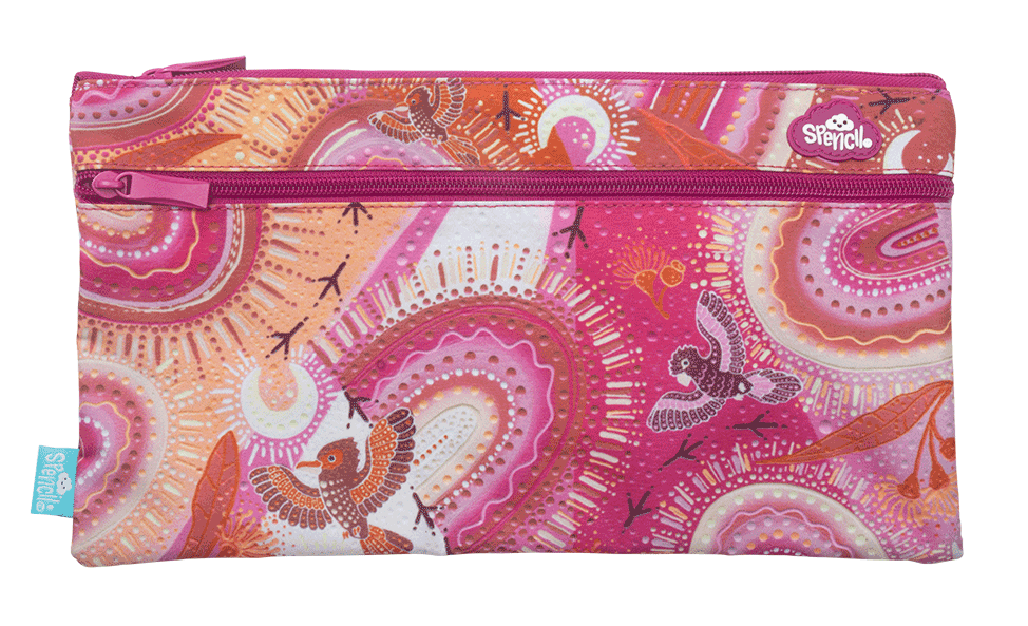 Front of the Spencil Yarrawala twin zip pencil case showing rainbows and sun circles in dusty pink, orange and cream with small birds and tracks, with pink zips