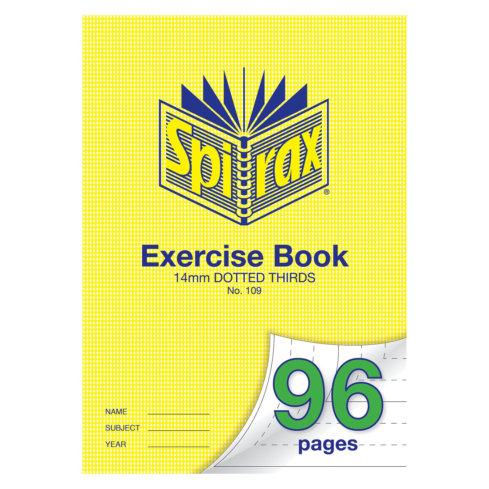 Front facing product image of the Spirax 109 A4 Exercise Book showing the yellow cover, Spirax logo, 96 page indicator and 14mm dotted thirds ruling, isolated on a clean white background.