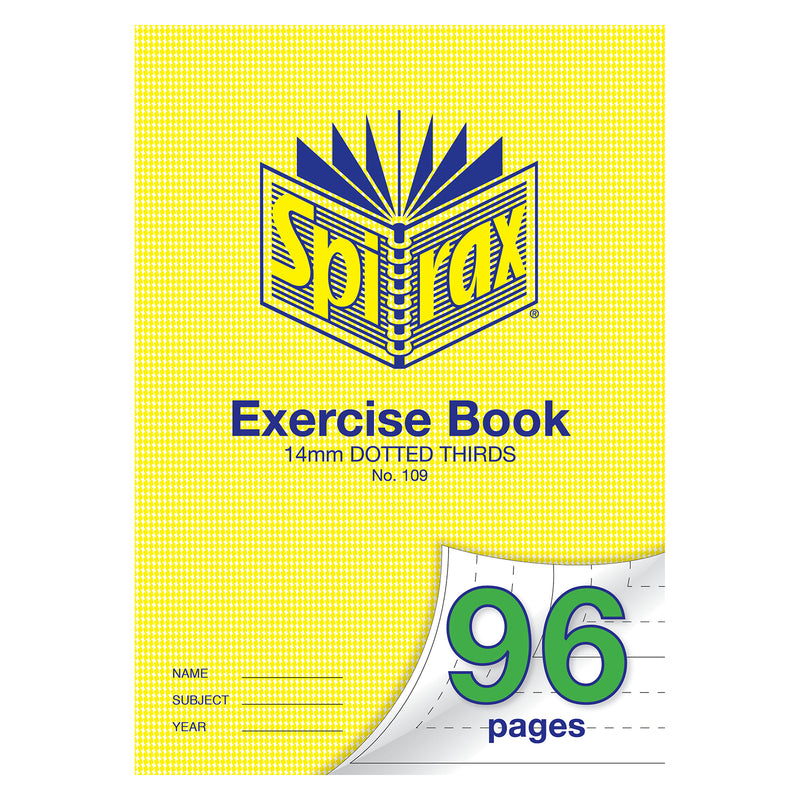 Front facing product image of the Spirax 109 A4 Exercise Book showing the yellow cover, Spirax logo, 96 page indicator and 14mm dotted thirds ruling, isolated on a clean white background.