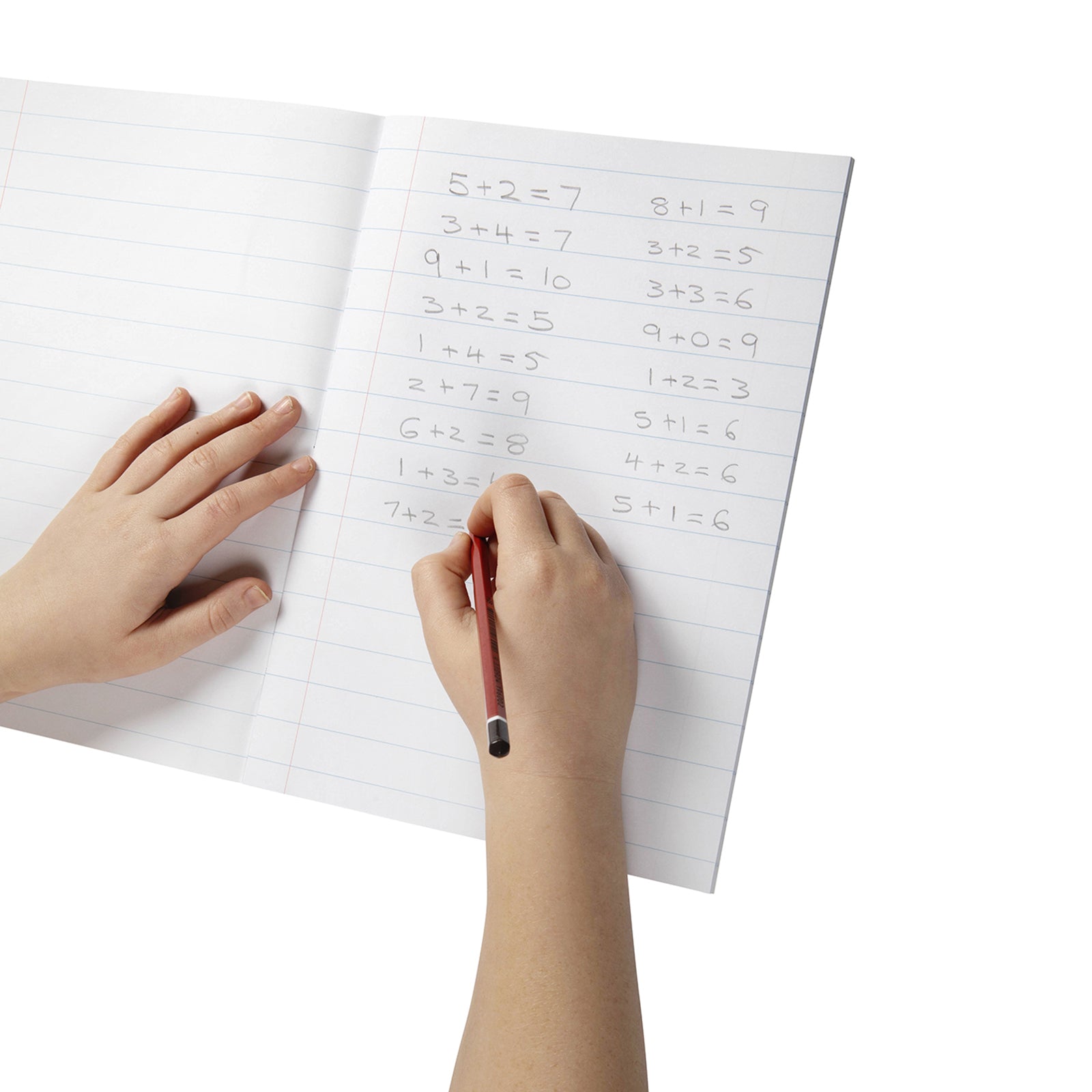 Child writing maths sums inside an open Spirax 113 exercise book, showing wide 18mm ruled pages designed for developing handwriting and everyday classroom practice.