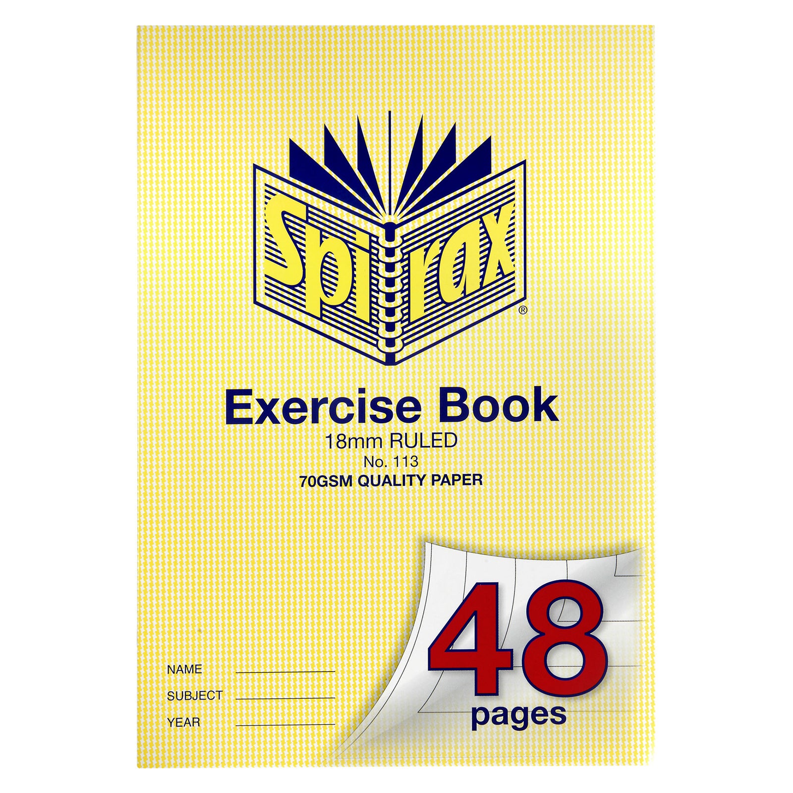 Front product image of the Spirax 113 A4 Exercise Book with yellow Spirax cover, 48 page label, 18mm ruling and 70gsm quality paper details on a clean white background.