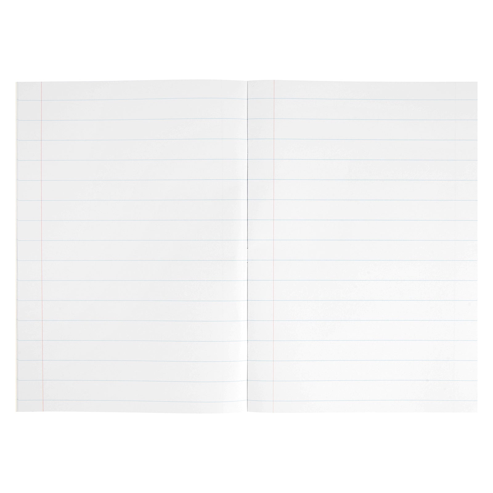 Open blank Spirax 113 exercise book pages showing blue 18mm ruling and red margin lines on a white background, suitable for handwriting practice and school note taking.
