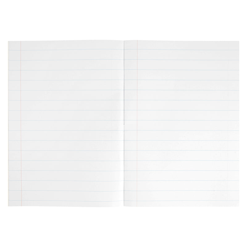 Open blank Spirax 113 exercise book pages showing blue 18mm ruling and red margin lines on a white background, suitable for handwriting practice and school note taking.
