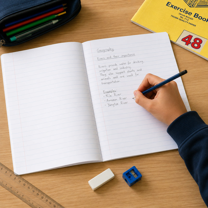 Open Spirax 113 A4 exercise book being used for geography notes on a wooden desk with pencil case, ruler, eraser and stationery, showing the 18mm ruled pages in a practical classroom study setting.