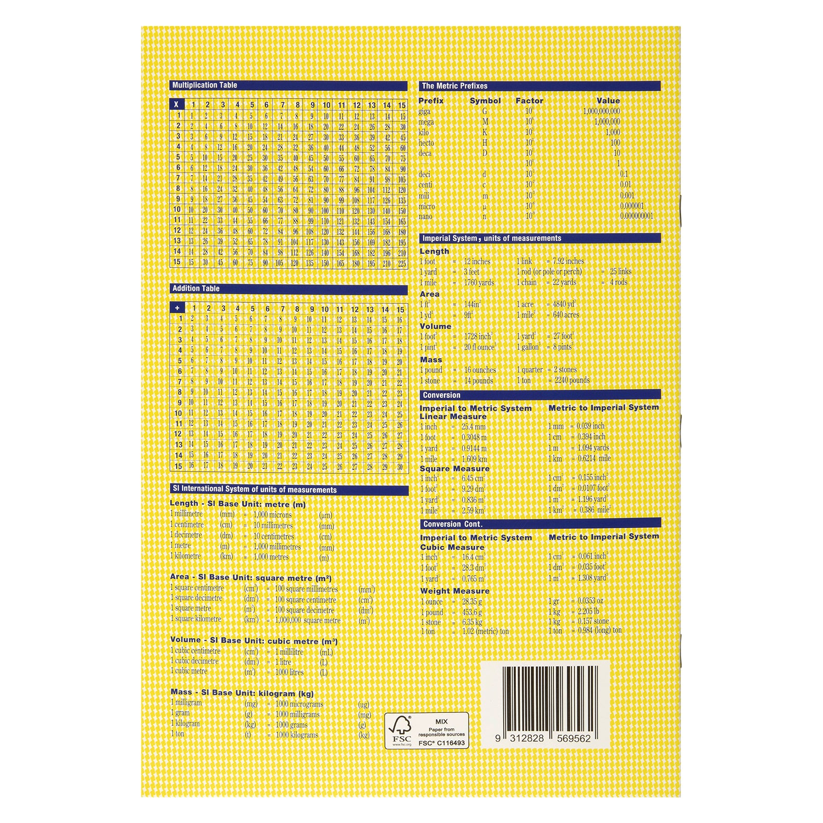 Back cover of the Spirax 113 exercise book showing printed multiplication, addition and measurement reference tables with barcode and FSC mark on the yellow patterned cover.