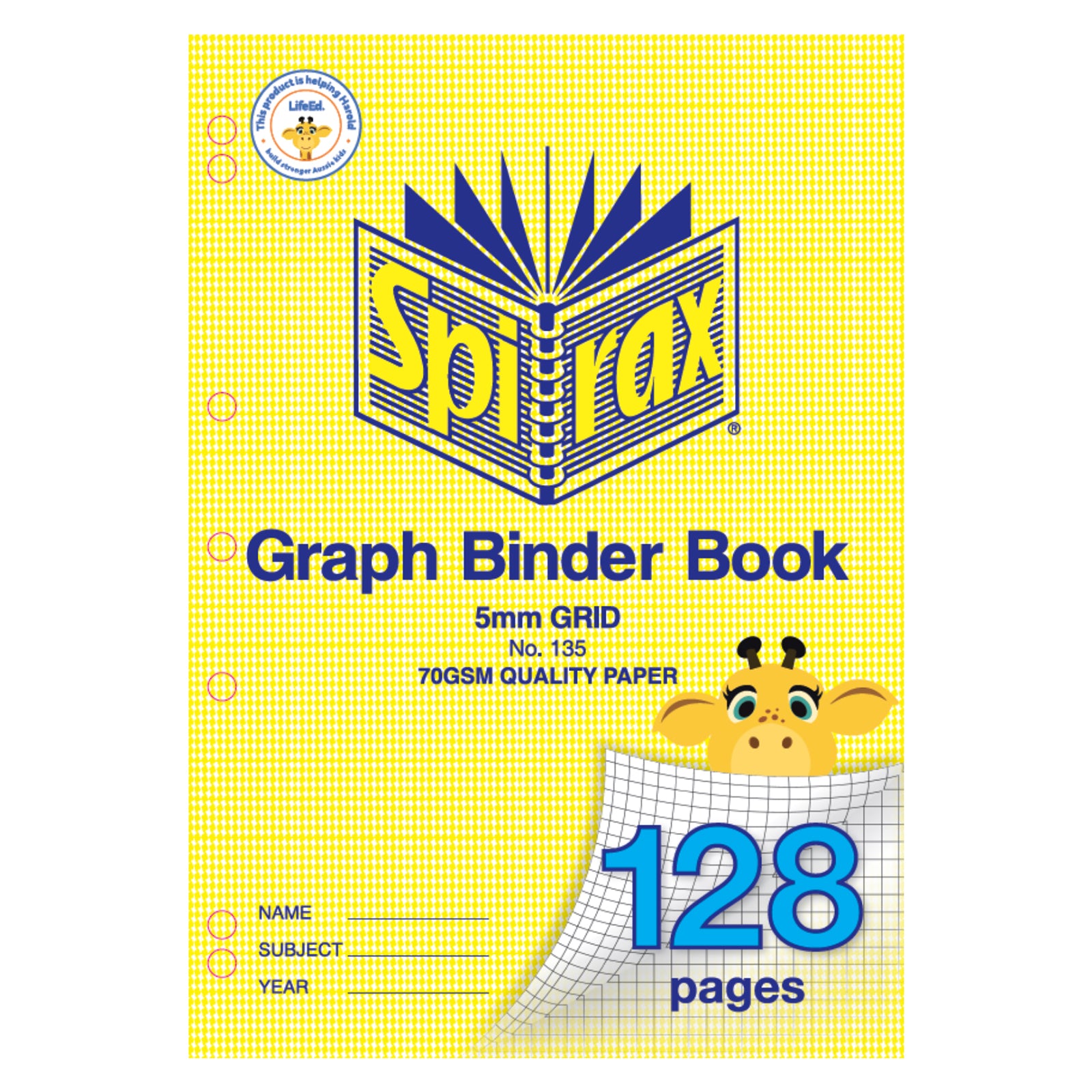 Alternative front product view of the Spirax 135 Graph Binder Book highlighting the reinforced punched holes and durable binder format against a white background, suitable for filing into ring binders.