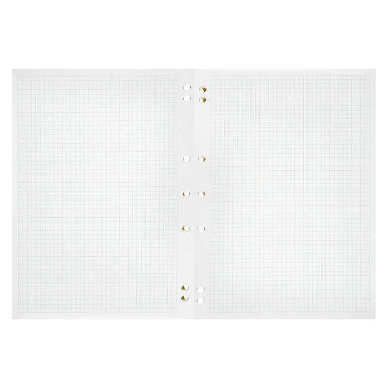 Open double page spread of the Spirax 135 Graph Binder Book showing blank 5mm grid paper with reinforced punched binder holes, ideal for graphing, technical drawing and mathematical calculations.