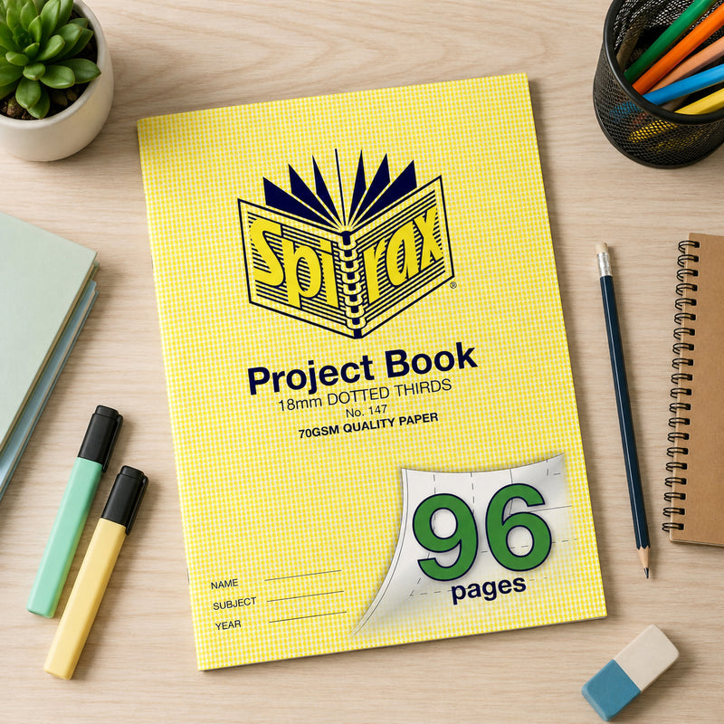 Top view of the Spirax 147 A4 project book surrounded by stationery including pencils, highlighters, eraser, notebooks and a desk organiser on a tidy wooden workspace, illustrating everyday school use.