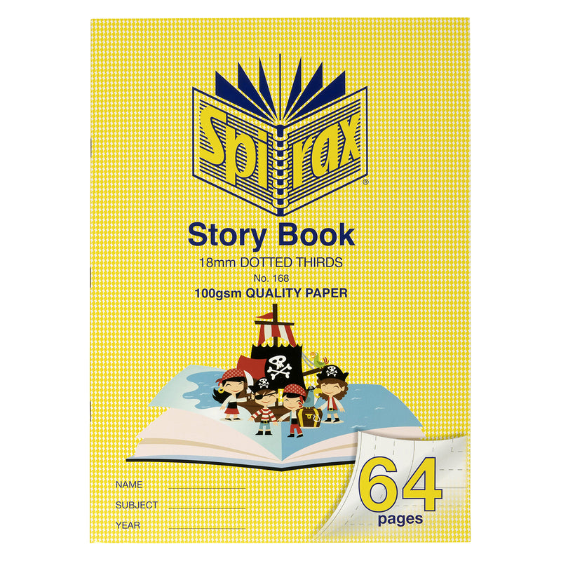 Front product image of the Spirax 168 Story Book showing the yellow cover, pirate themed illustration, 64 page capacity, 18mm dotted thirds ruling and quality 100gsm paper on a white background.
