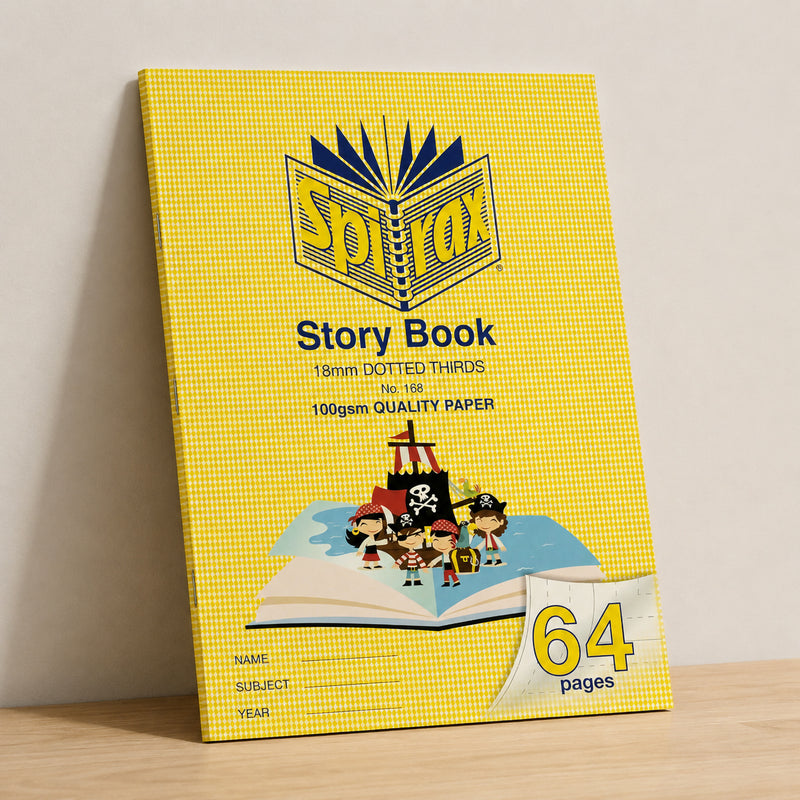 Spirax 168 Story Book standing upright against a neutral wall with soft natural lighting on a timber shelf, displaying the large 328 x 240mm format and durable yellow cover suitable for classroom use.