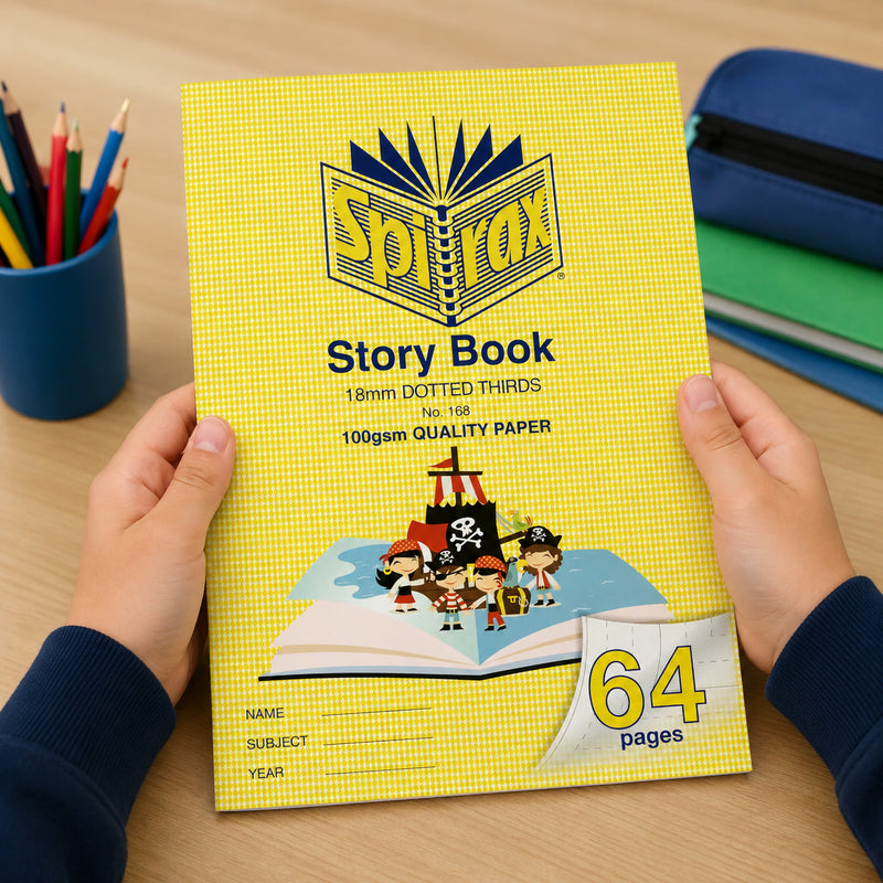 Hands holding a Spirax 168 Story Book with bright yellow cover in a classroom setting, highlighting the 64 page format, 18mm dotted thirds ruling and colourful pirate themed illustration that encourages creative writing and storytelling.