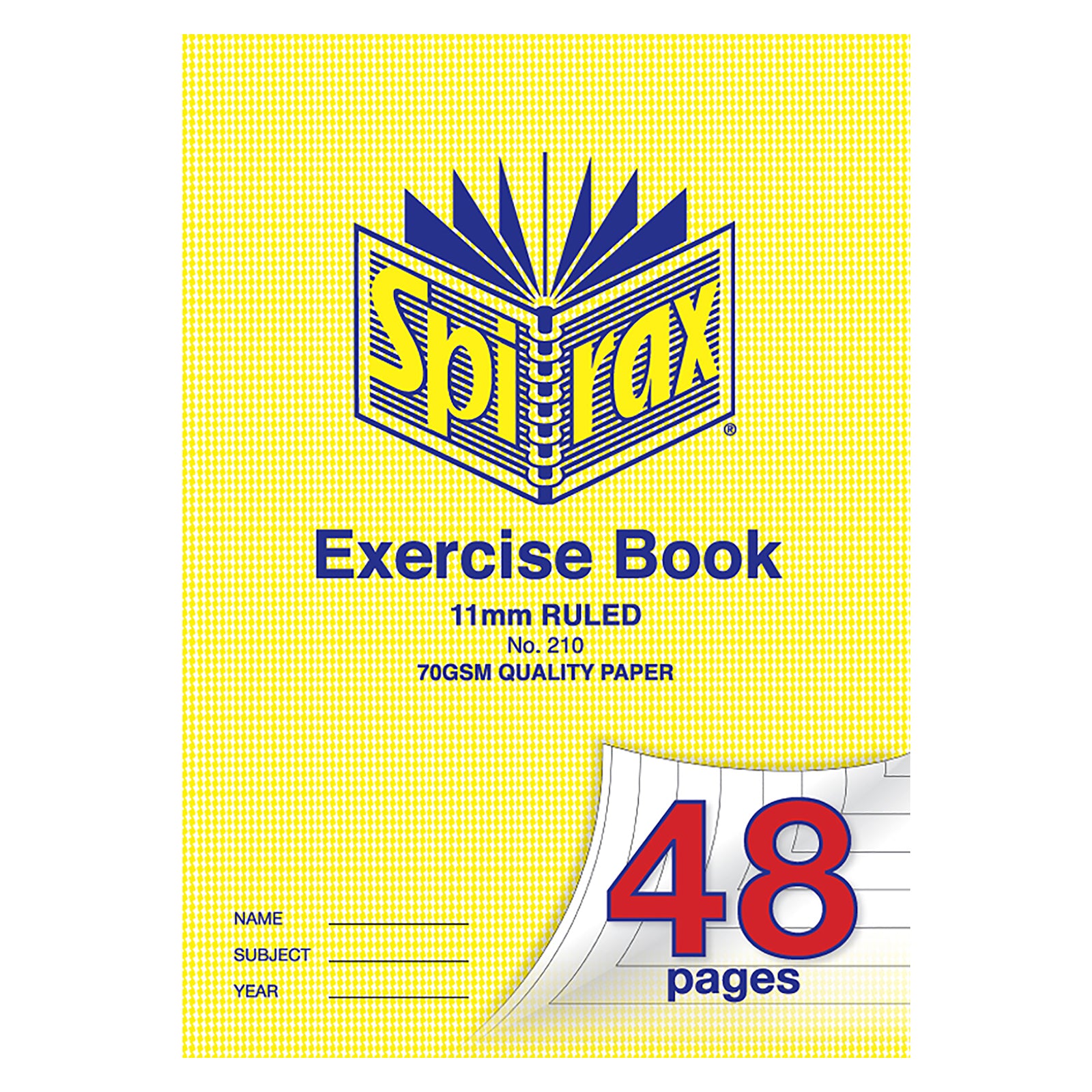 Front cover studio image of the Spirax 210 Exercise Book showing the classic yellow Spirax design with 48 page capacity and 11mm ruled format against a clean white background.