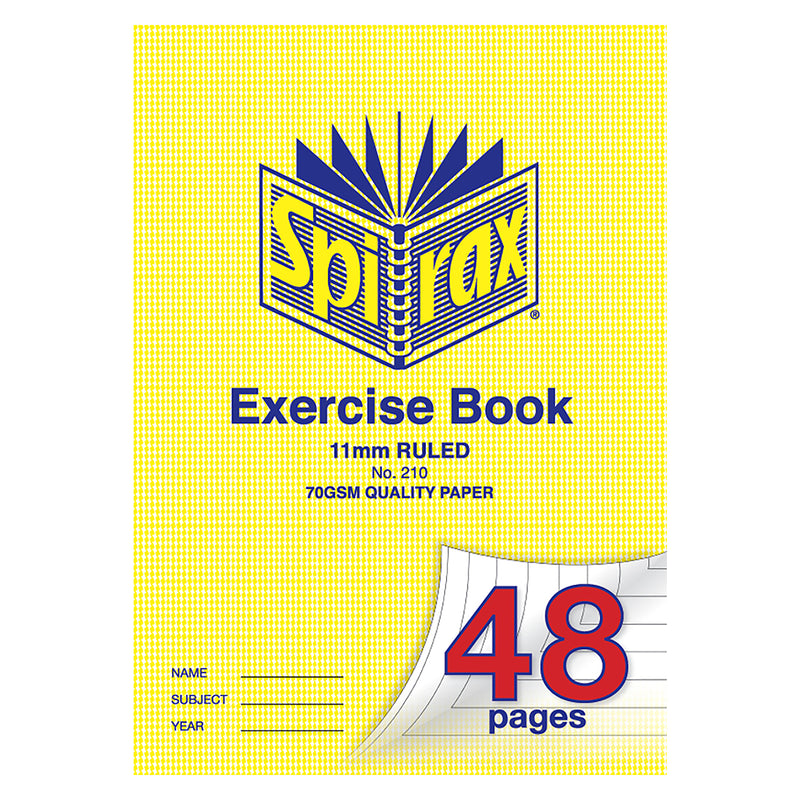Front cover studio image of the Spirax 210 Exercise Book showing the classic yellow Spirax design with 48 page capacity and 11mm ruled format against a clean white background.