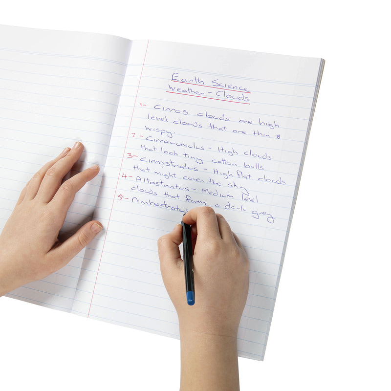 Hands writing Earth Science notes inside the Spirax 210 Exercise Book, demonstrating the smooth 11mm ruled pages that support neat handwriting, classroom lessons and homework activities.