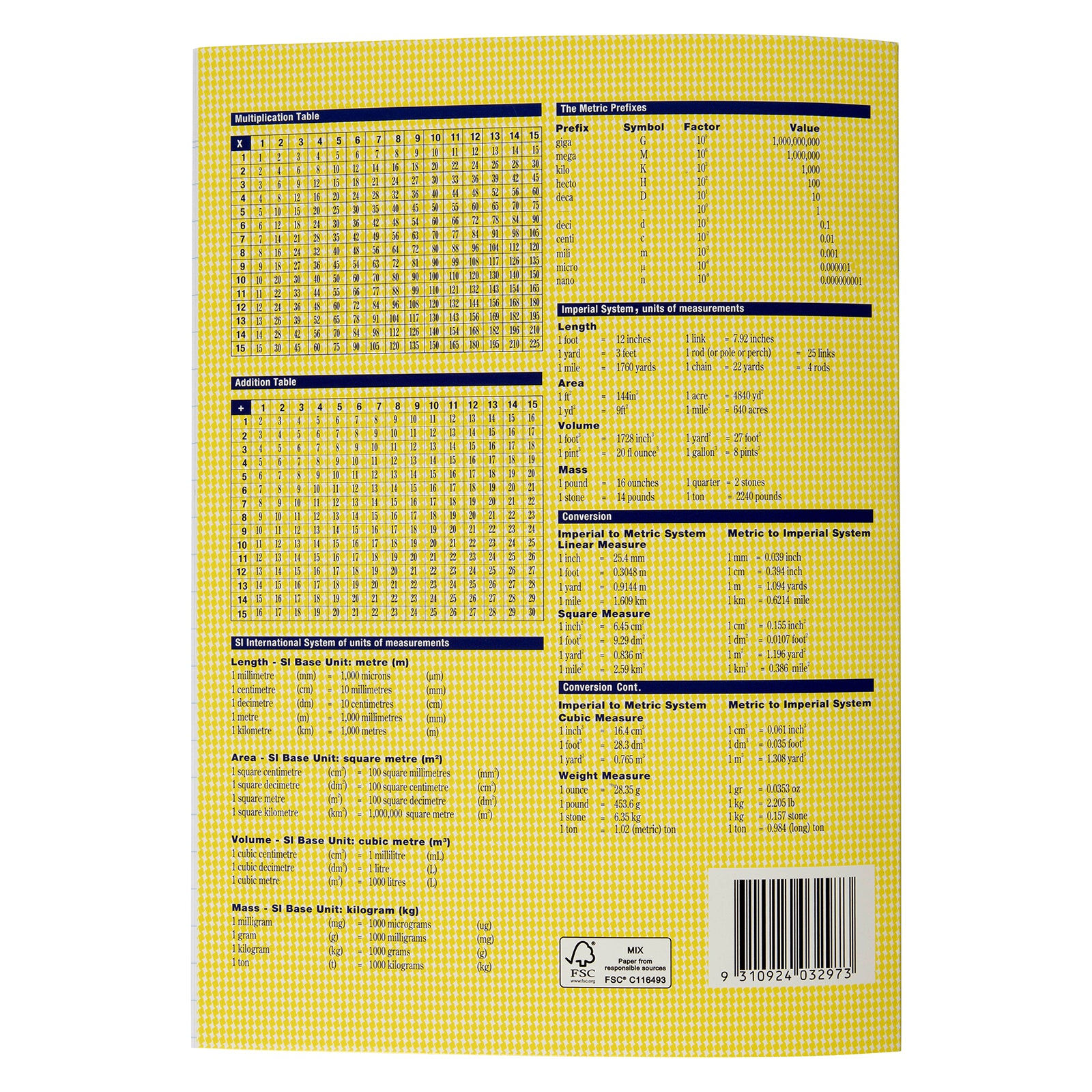 Rear cover of the Spirax 210 Exercise Book displaying multiplication tables, metric conversions and reference information, providing useful educational resources for students during everyday learning.