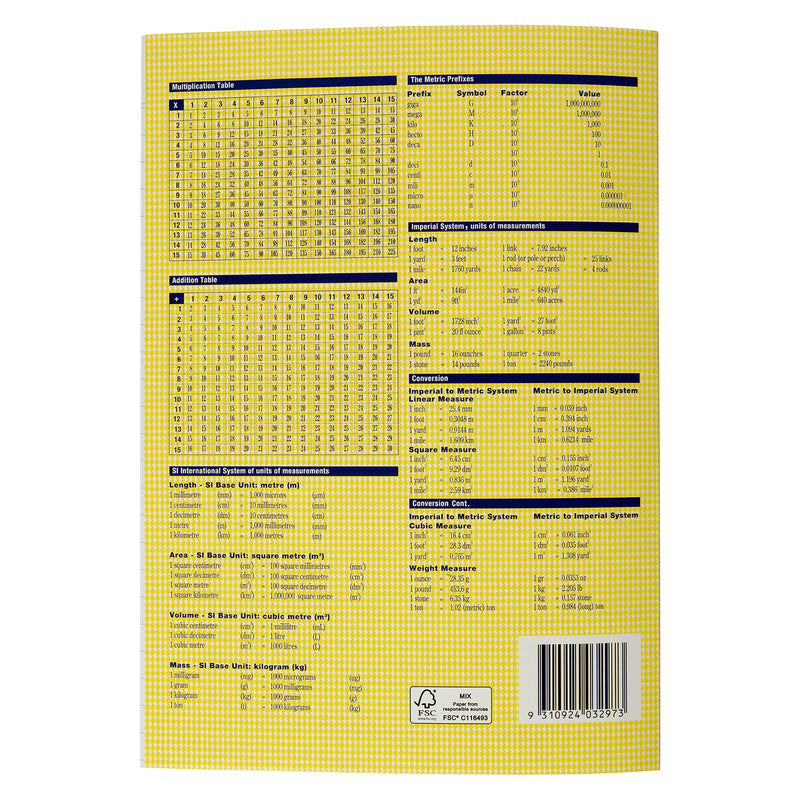 Rear cover of the Spirax 210 Exercise Book displaying multiplication tables, metric conversions and reference information, providing useful educational resources for students during everyday learning.