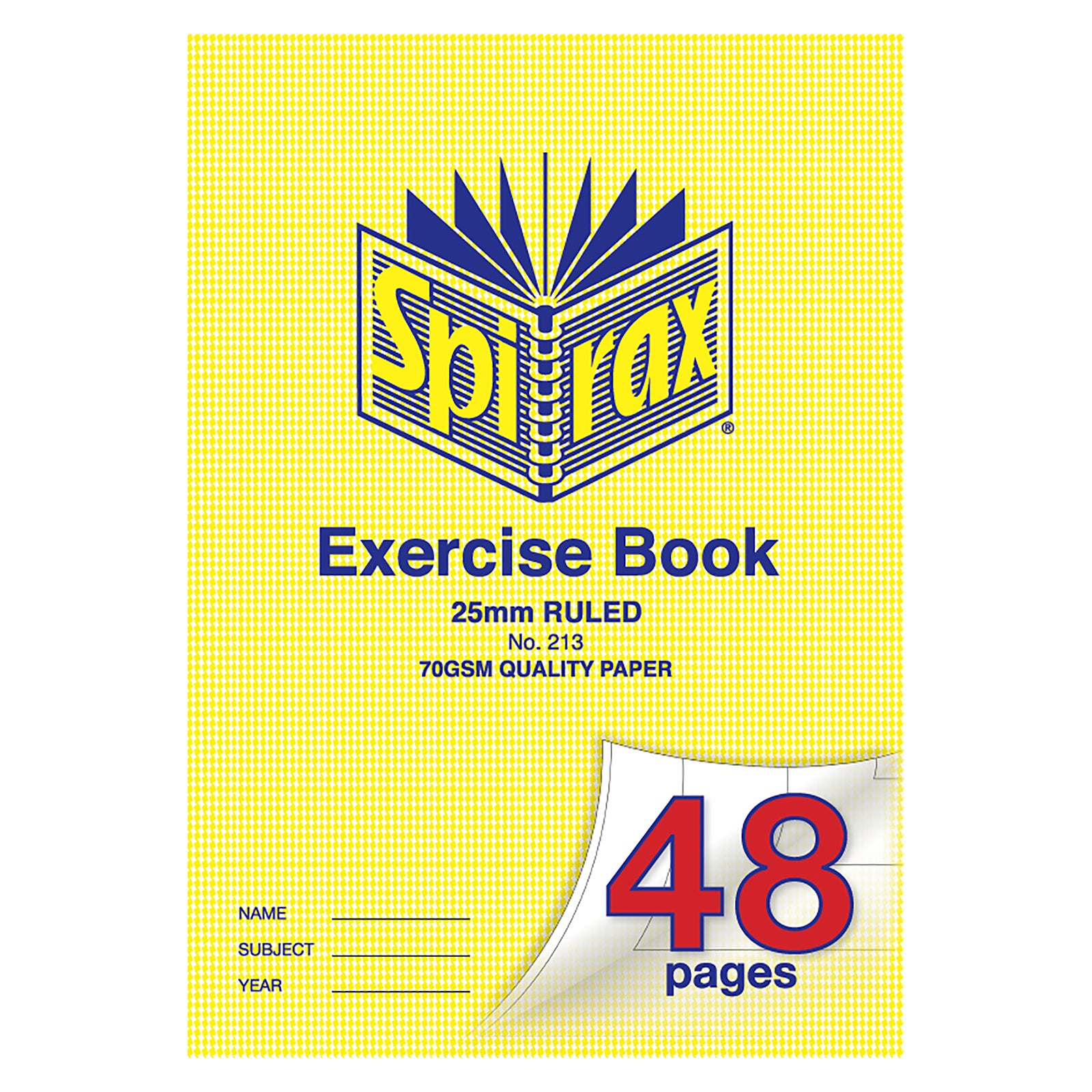 Front cover studio image of the Spirax 213 Exercise Book showing the yellow Spirax design, 25mm ruled label, 70gsm quality paper and 48 page capacity on a clean white background.