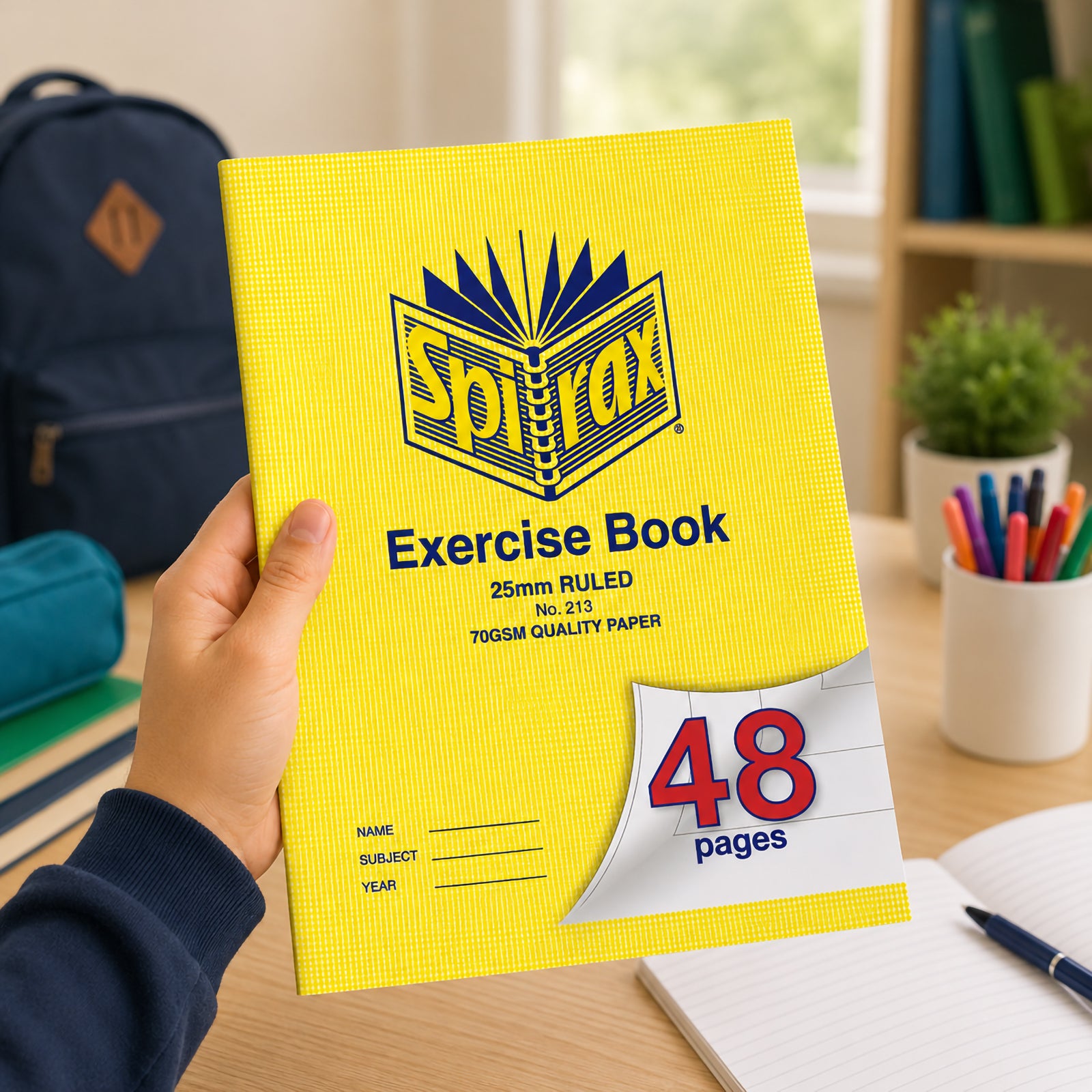 Student holding the Spirax 213 A4 Exercise Book in a bright classroom workspace with backpack, stationery and open notebook nearby, showing the 25mm ruled format designed for young learners and early handwriting practice.