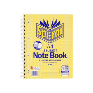 Yellow cover of the Spirax 605 A4 two subject notebook printed with 2 lecture note pockets and 250 pages 7mm ruled, spiral on the left edge