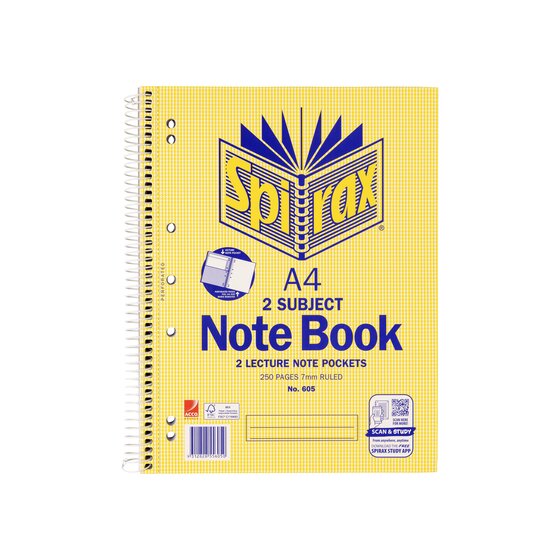 Yellow cover of the Spirax 605 A4 two subject notebook printed with 2 lecture note pockets and 250 pages 7mm ruled, spiral on the left edge