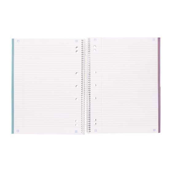 Spirax 605 notebook opened flat showing ruled pages either side of the spiral and punched holes along the binding edge