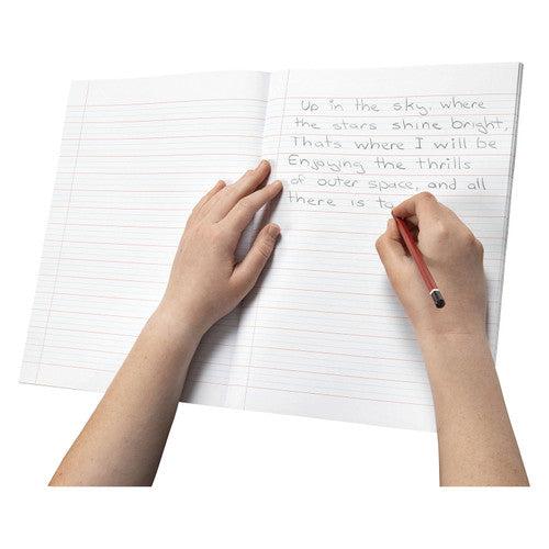 Close-up of Spirax 311 exercise book showing ruled pages and staple binding