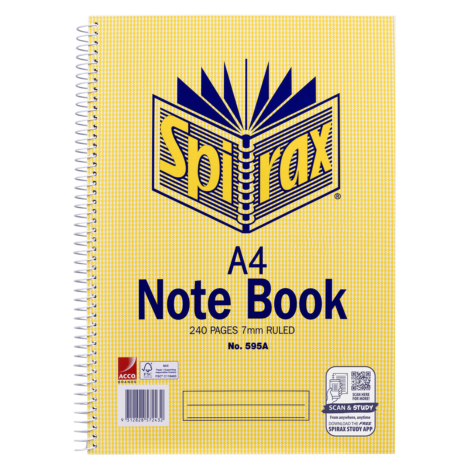 Front product image of the Spirax 595A A4 Note Book with yellow cover, side spiral binding, 240 pages, 7mm ruling and scan and study label on a white background.
